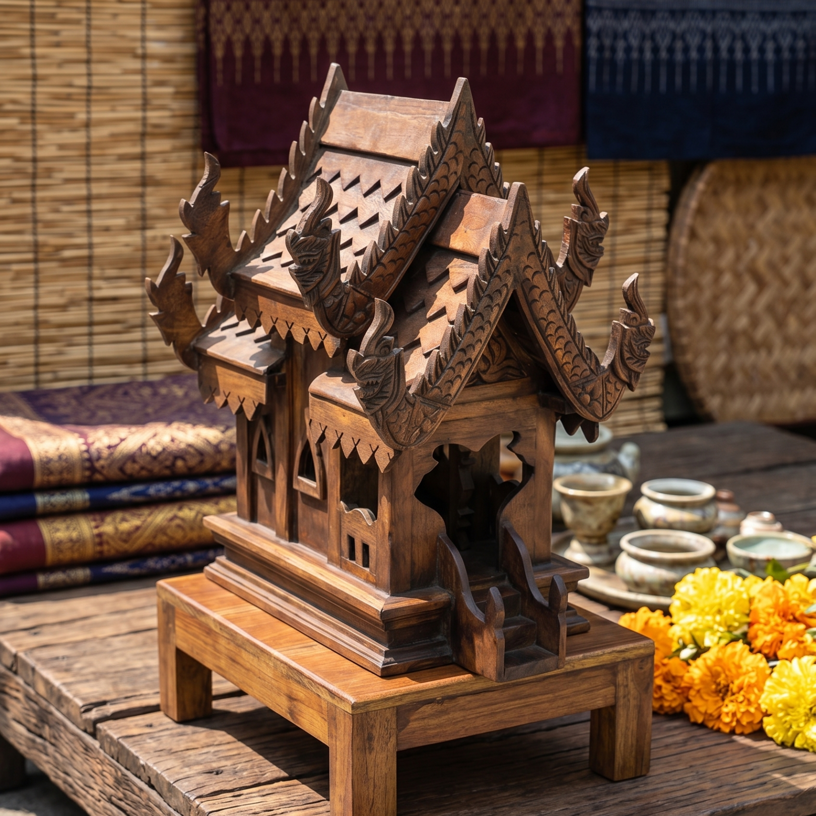 Teak Wood Spirit House, 16 Inch Ornate Shrine, Spiritual Present for Meditation Lover