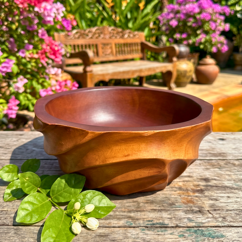 Acacia Wood Salad Bowl, 10 Inch Wavy Fruit Basin, Anniversary Present for Aesthetic Host