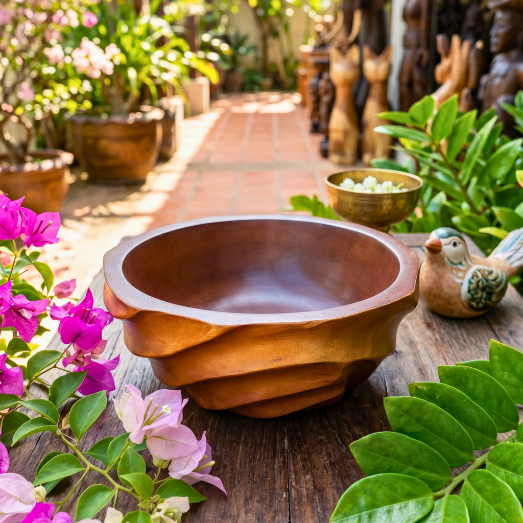 Acacia Wood Salad Bowl, 10 Inch Wavy Fruit Basin, Anniversary Present for Aesthetic Host