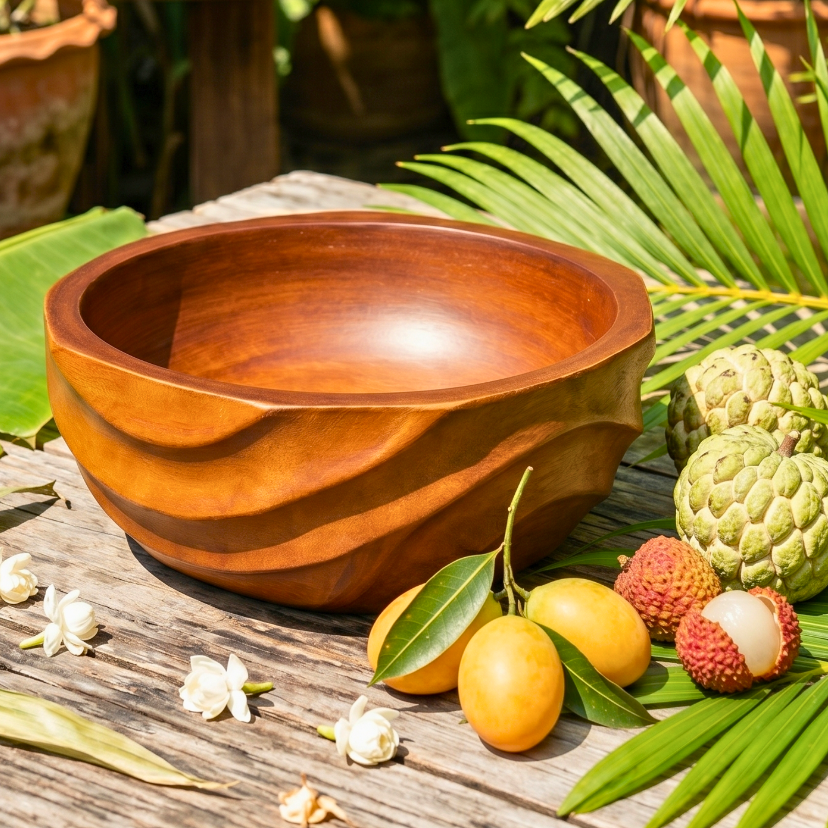 Acacia Wood Salad Bowl, 10 Inch Wavy Fruit Basin, Anniversary Present for Aesthetic Host