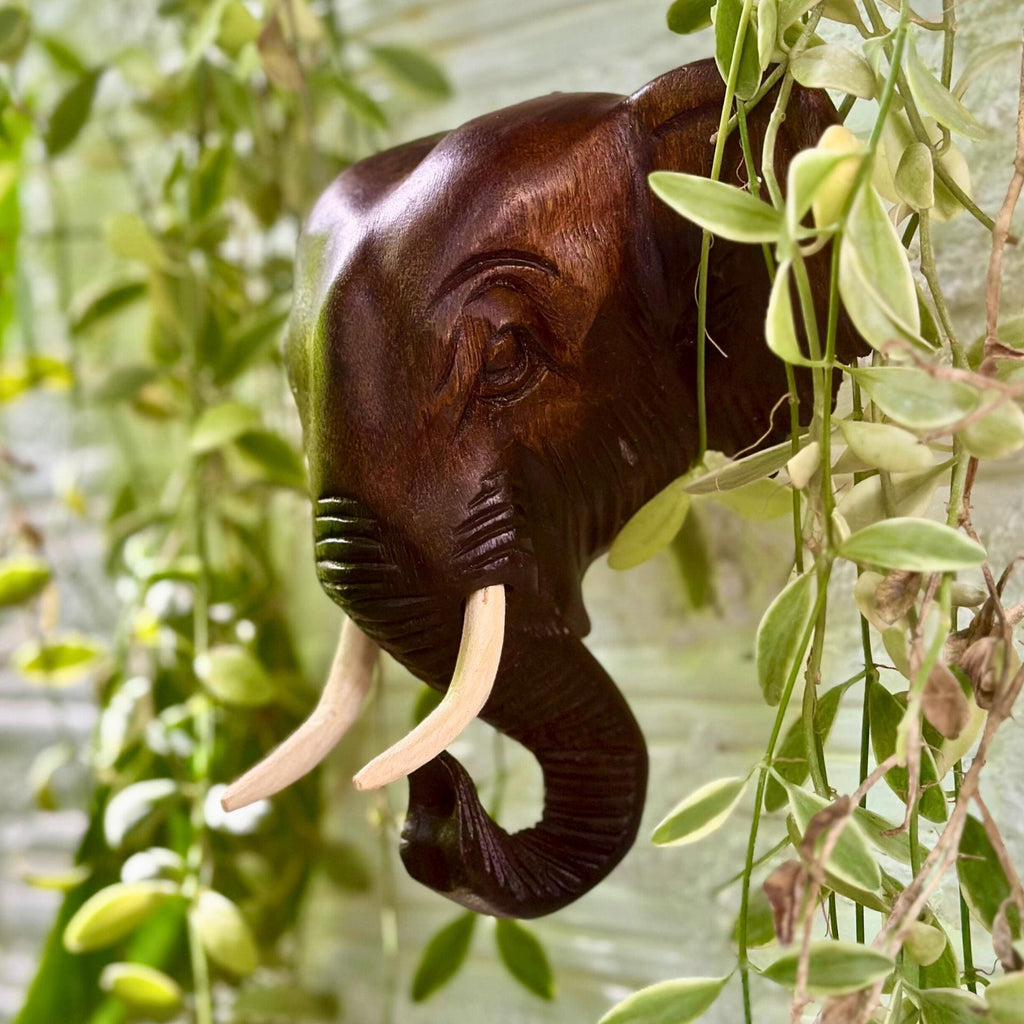 Hand-Carved Wooden Elephant Head Wall Hanging: Rustic Tribal Decor