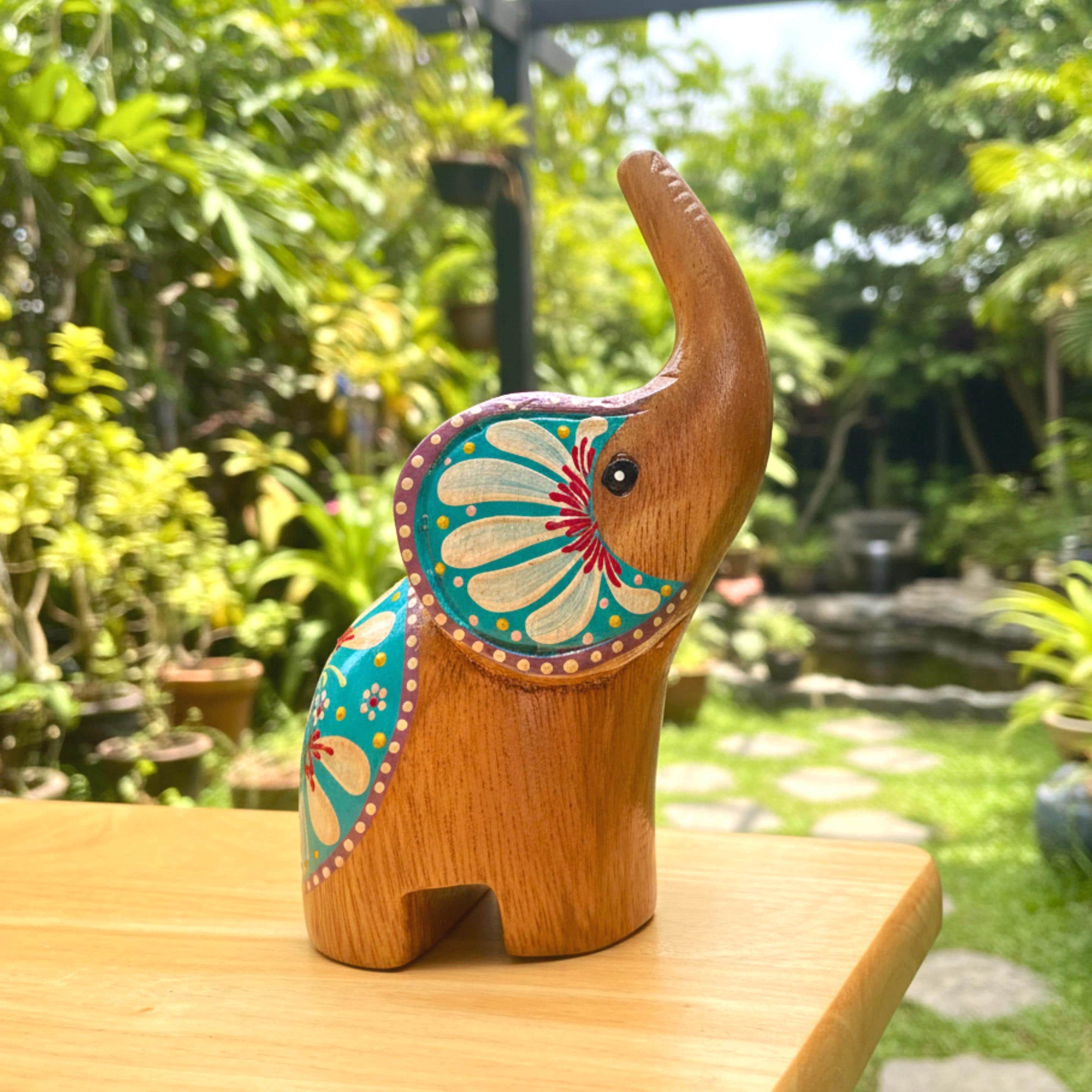 Hand Carved Wood Elephant: Thai Folk Art Lotus Sculpture