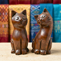 Cat Statue Pair Teak Wood Rustic 5 Inch Stacking Sculpture Set