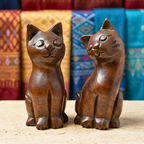 Cat Statue Pair Teak Wood Rustic 5 Inch Stacking Sculpture Set - Siam Wood Artisans