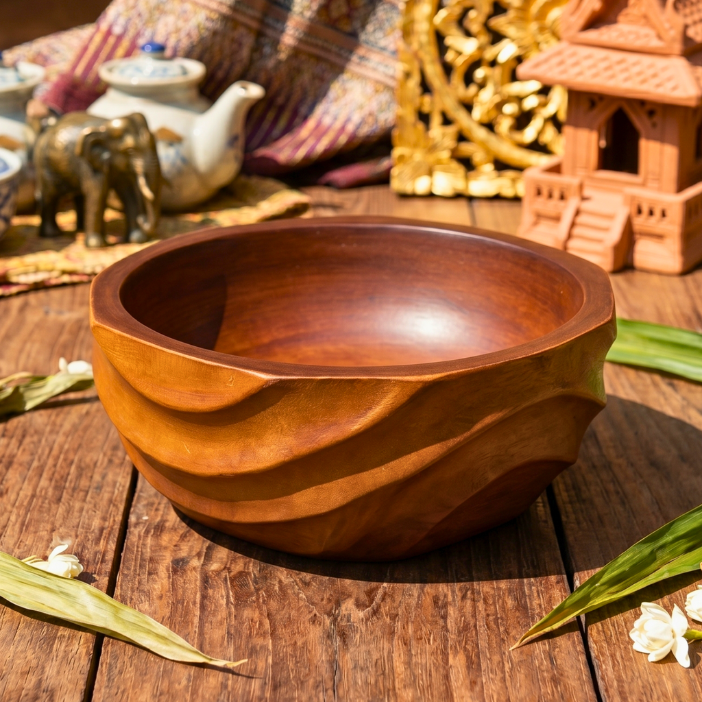Acacia Wood Salad Bowl, 10 Inch Wavy Fruit Basin, Anniversary Present for Aesthetic Host