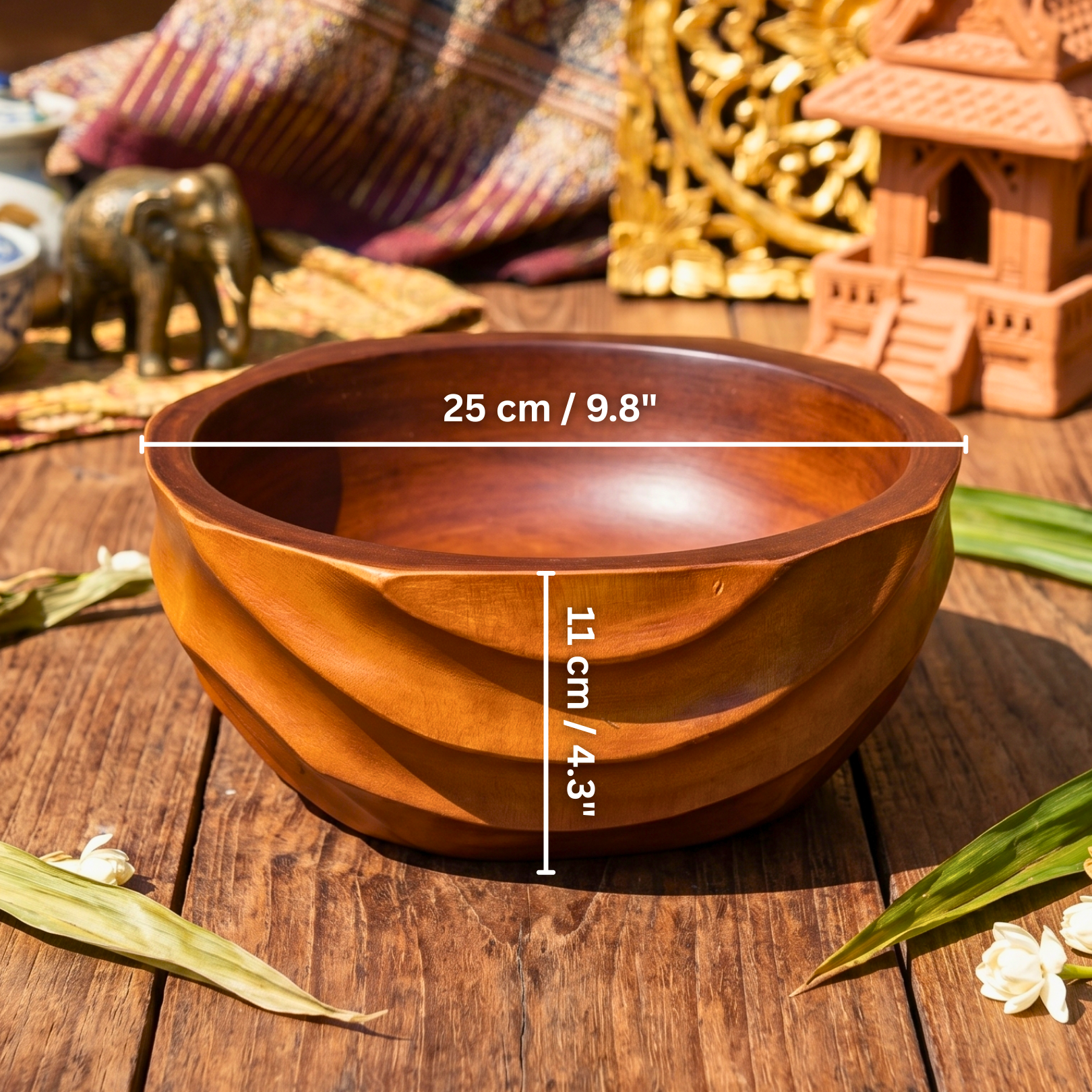 Acacia Wood Salad Bowl, 10 Inch Wavy Fruit Basin, Anniversary Present for Aesthetic Host