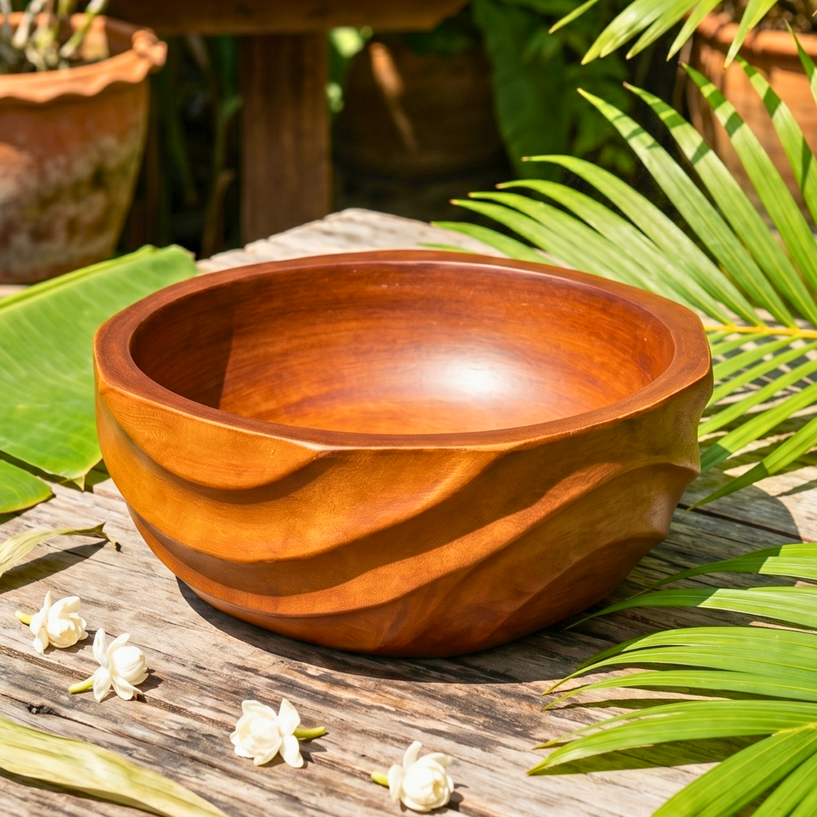 Acacia Wood Salad Bowl, 10 Inch Wavy Fruit Basin, Anniversary Present for Aesthetic Host