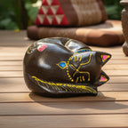 Teak Wood Sleeping Cat Figurine, 5 Inch Curled Animal Statue, Housewarming Gift for Cat Lover - Siam Wood Artisans