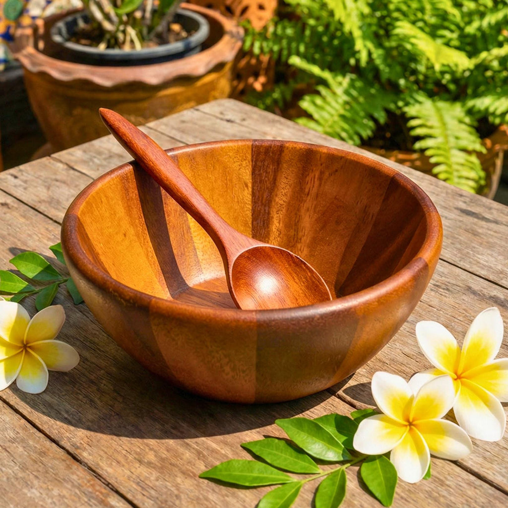 Hand Carved Acacia Wood Bowl & Spoon Set: Rustic Cereal and Soup Bowl