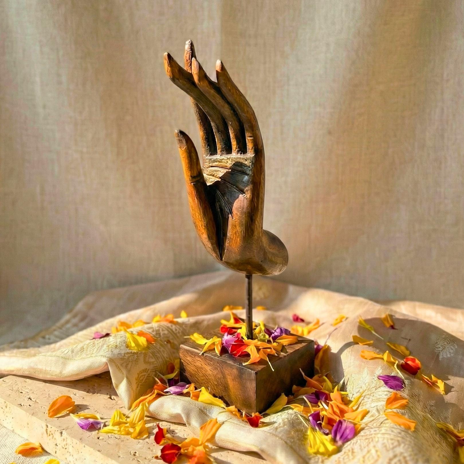 Hand Carved Wood Mudra Sculpture: Abhaya Gesture, Vintage Zen Decor Gift