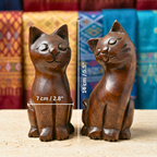 Cat Statue Pair Teak Wood Rustic 5 Inch Stacking Sculpture Set - Siam Wood Artisans