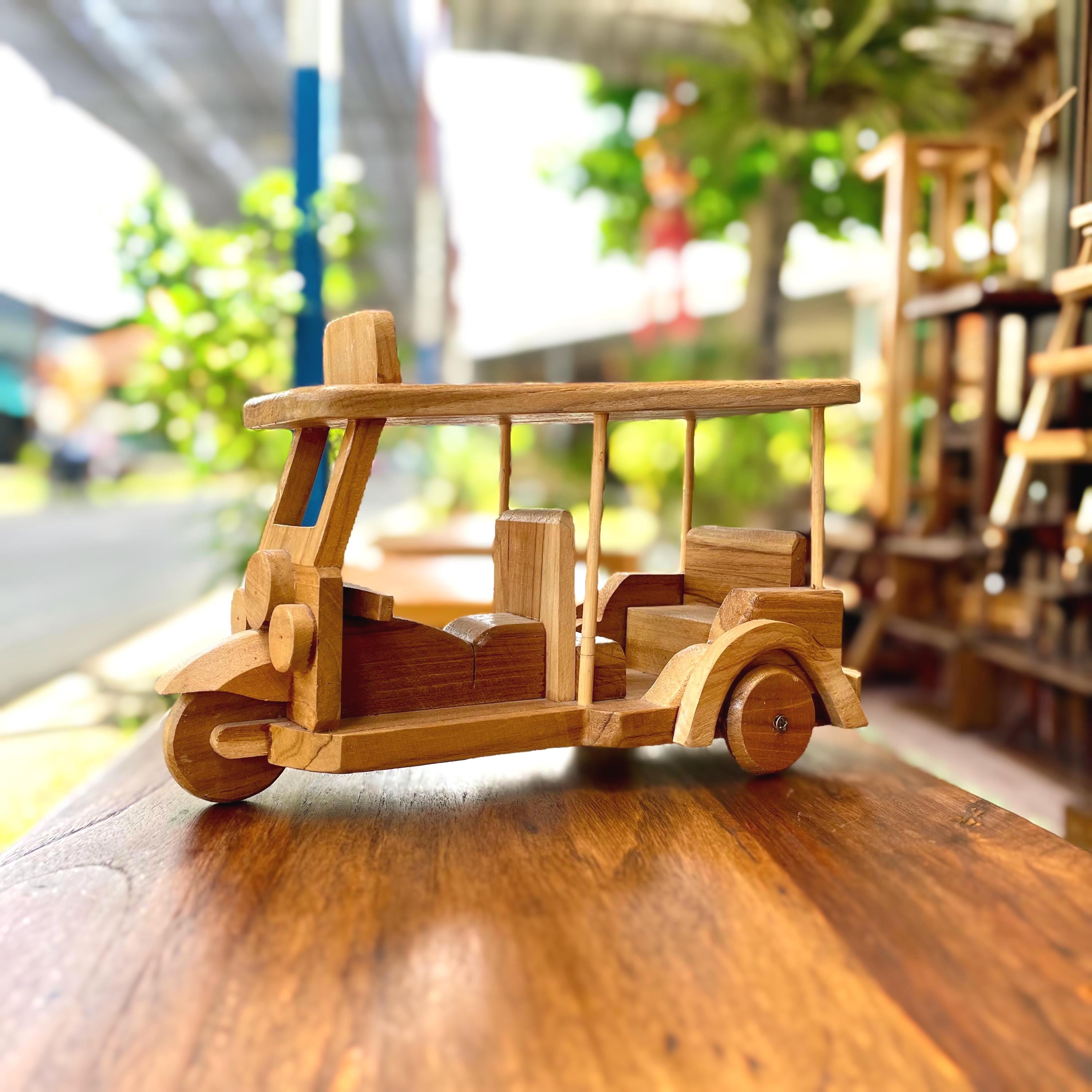 Large Wooden Tuk Tuk Sculpture Carved Wood Thai Folk Art Decor Handcrafted Gift