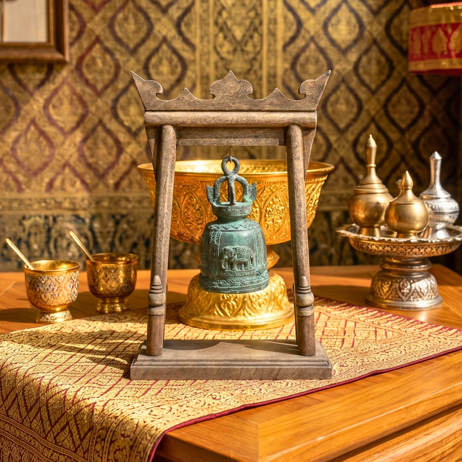 Teak Wood Altar Frame with Brass Bell, 14 Inch Temple Arch, Spiritual Gift for Yoga Lover