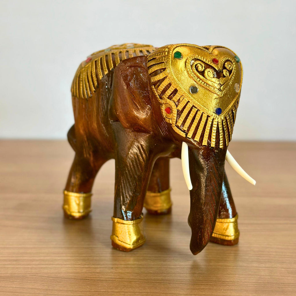 Wooden Elephant Sculpture, Handcarved Thai Decor: Golden Elephant Figurine, Cultural Folk Art Accent