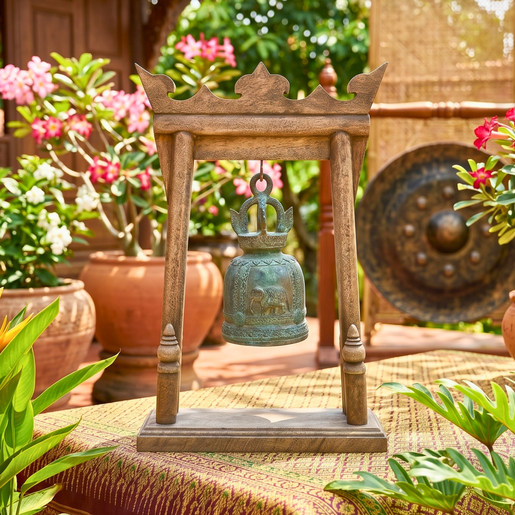 Teak Wood Altar Frame with Brass Bell, 14 Inch Temple Arch, Spiritual Gift for Yoga Lover
