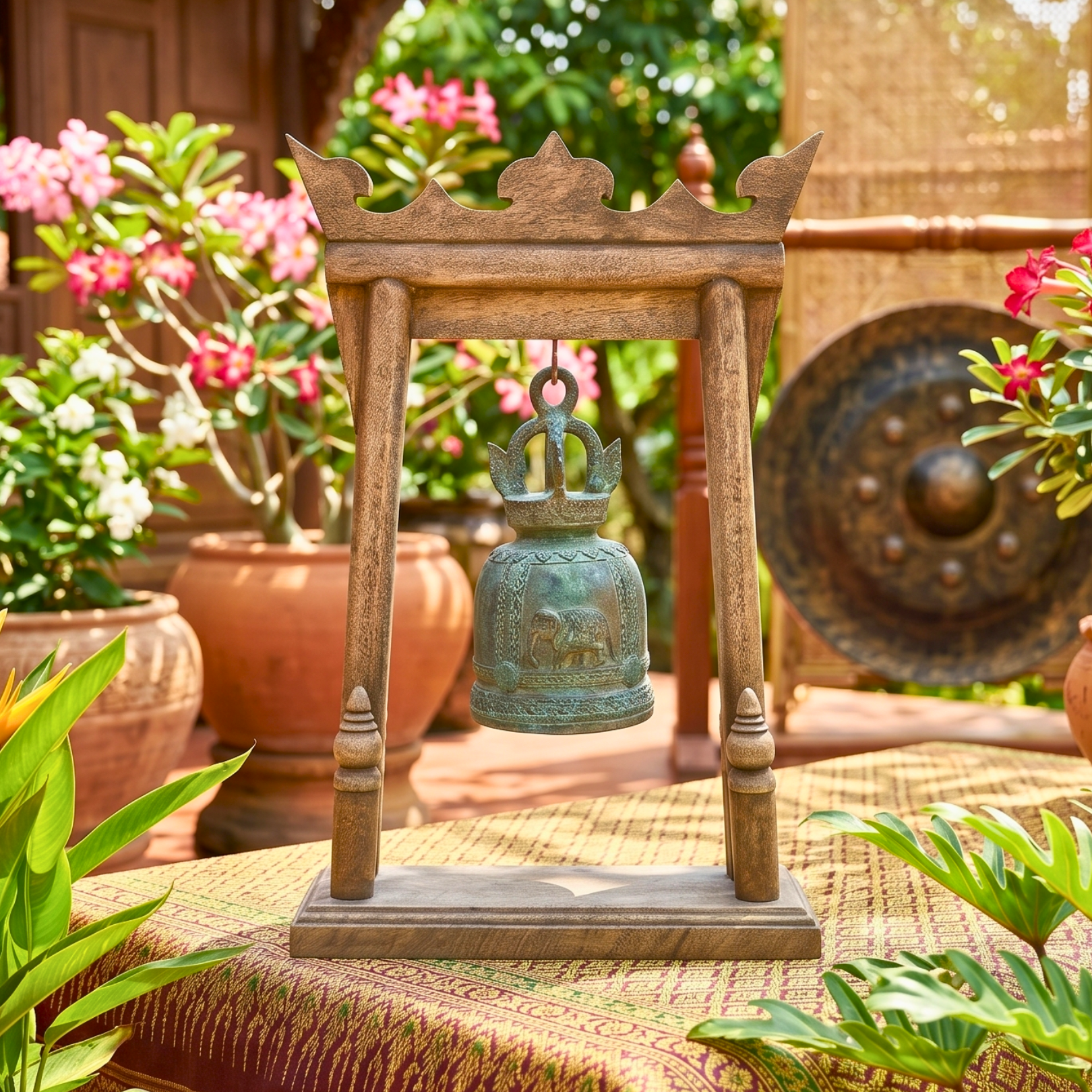 Teak Wood Altar Frame with Brass Bell, 14 Inch Temple Arch, Spiritual Gift for Yoga Lover