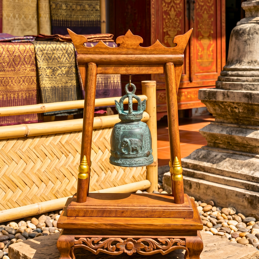 Teak Wood Altar Frame with Brass Bell, 14 Inch Temple Arch, Spiritual Gift for Yoga Lover
