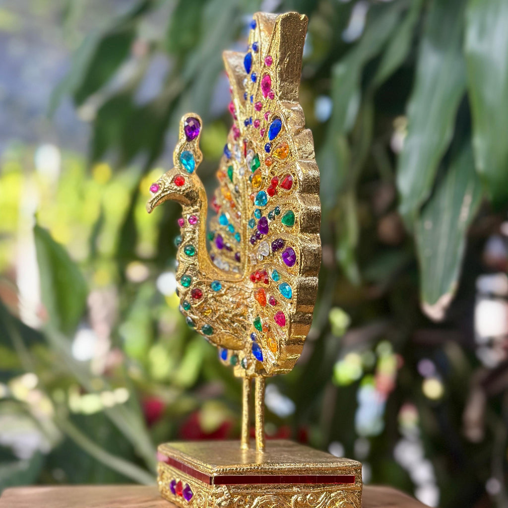 Jeweled Golden Peacock Figurine: Ornate Thai Home Decor