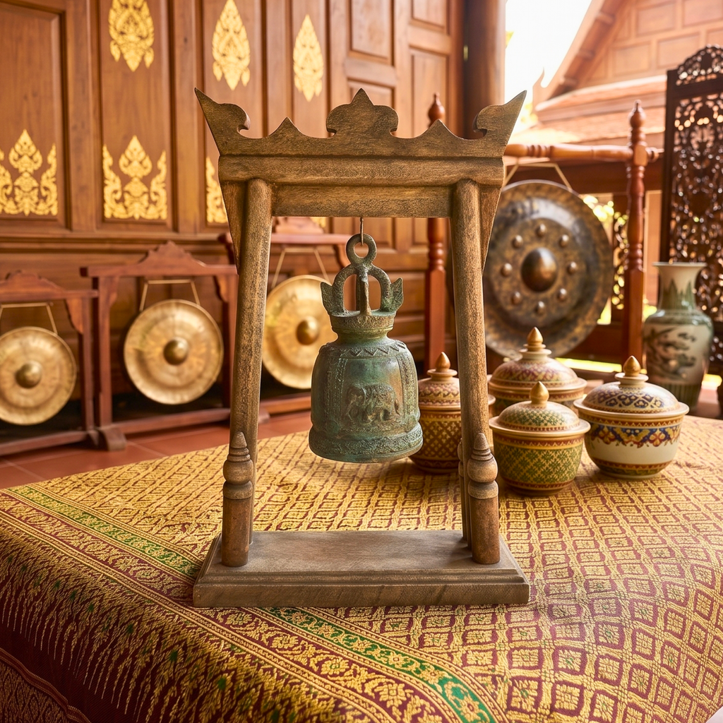 Teak Wood Altar Frame with Brass Bell, 14 Inch Temple Arch, Spiritual Gift for Yoga Lover
