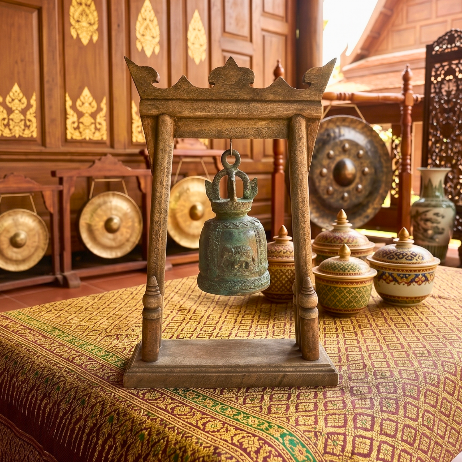 Teak Wood Altar Frame with Brass Bell, 14 Inch Temple Arch, Spiritual Gift for Yoga Lover
