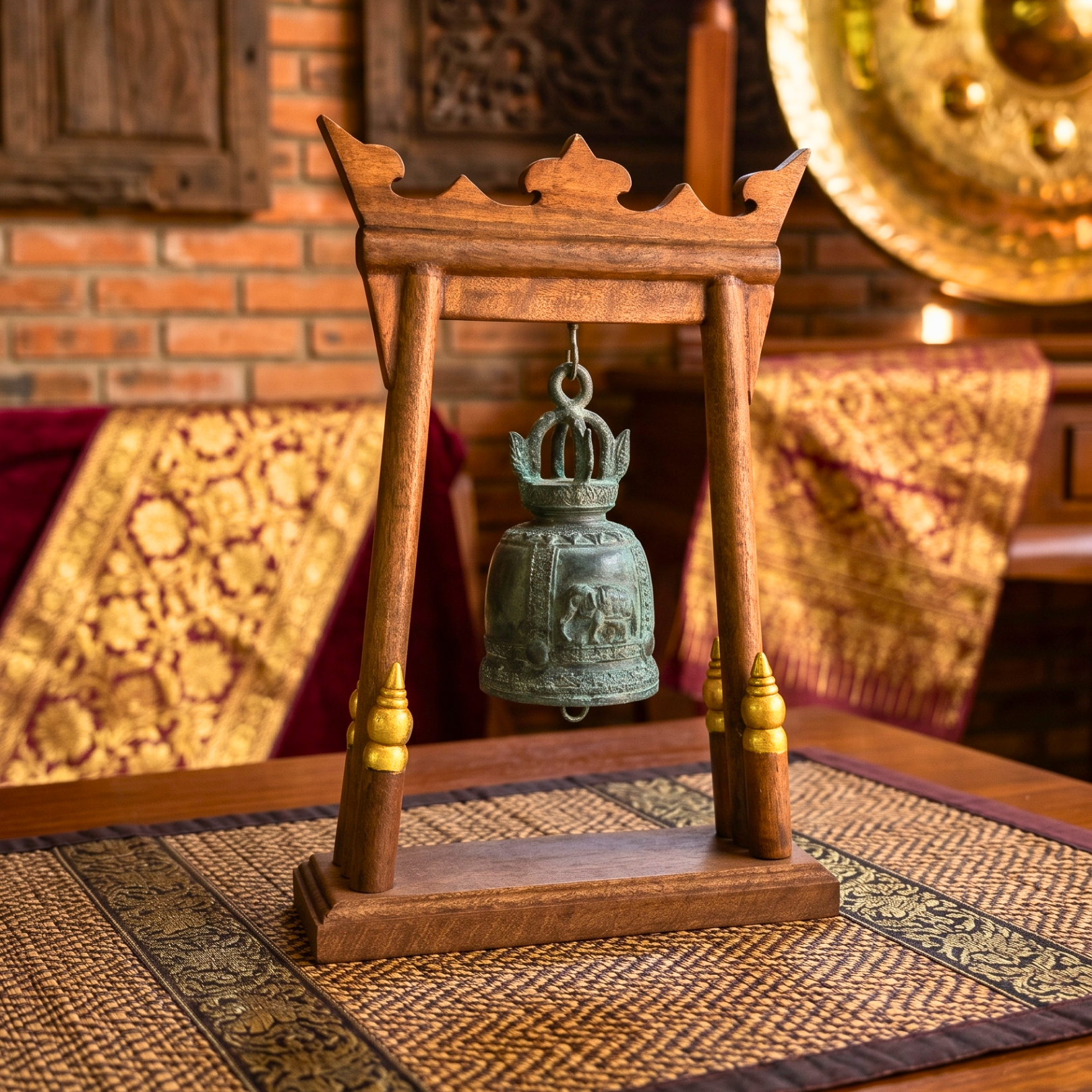 Teak Wood Altar Frame with Brass Bell, 14 Inch Temple Arch, Spiritual Gift for Yoga Lover
