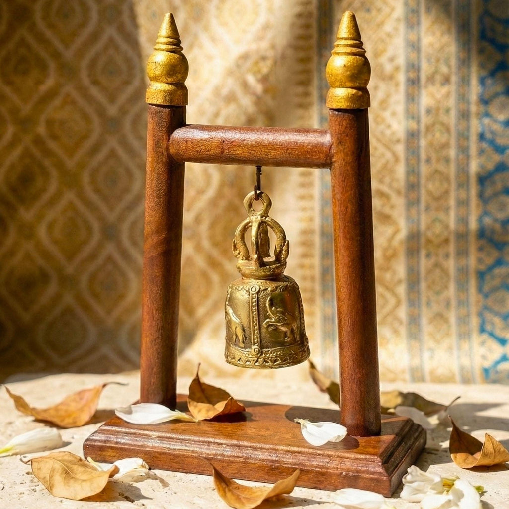 Hand Carved Teak Wood Single Bell Frame: Traditional & Serene Thai Altar Decor