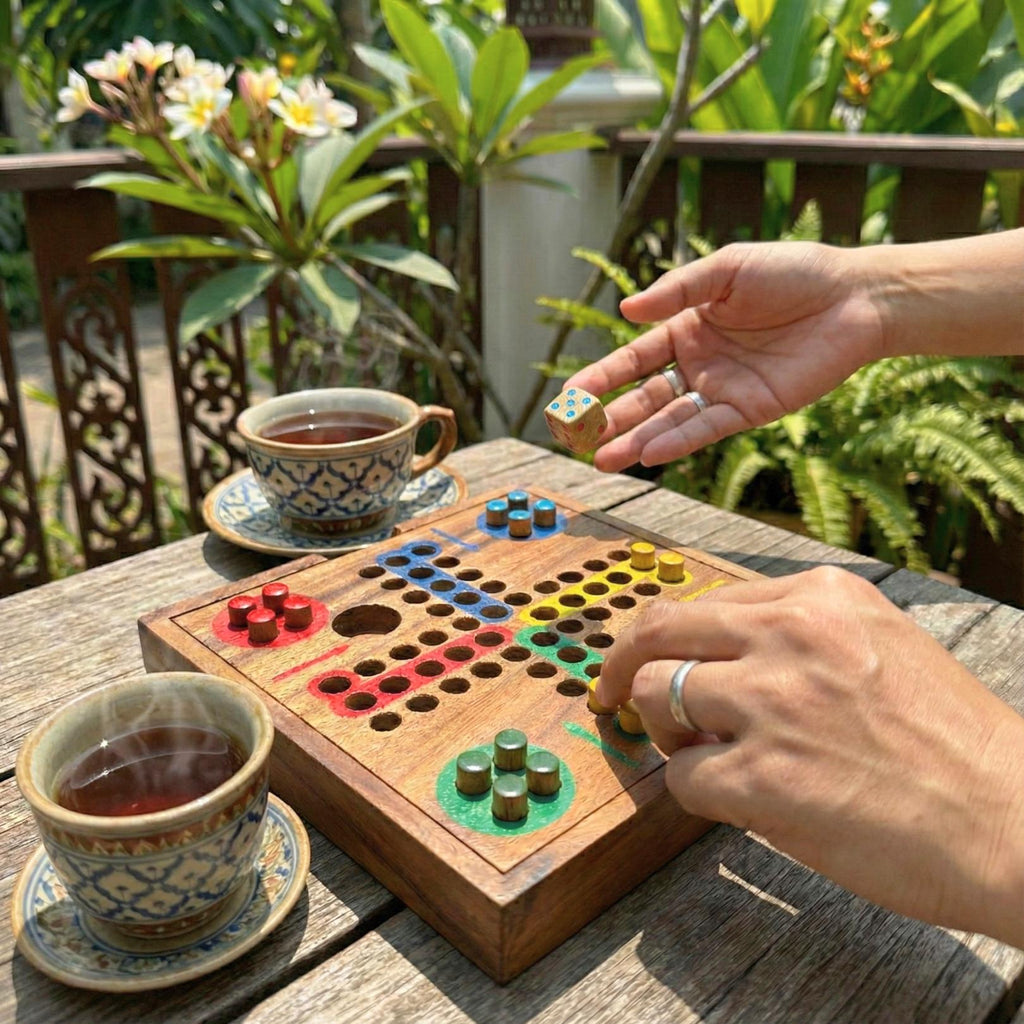 Hand Carved Wood Ludo Game Set: Rustic Portable Board Game Toy
