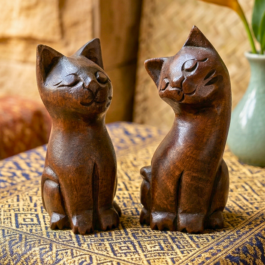 Cat Statue Pair Teak Wood Rustic 5 Inch Stacking Sculpture Set