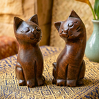 Cat Statue Pair Teak Wood Rustic 5 Inch Stacking Sculpture Set - Siam Wood Artisans