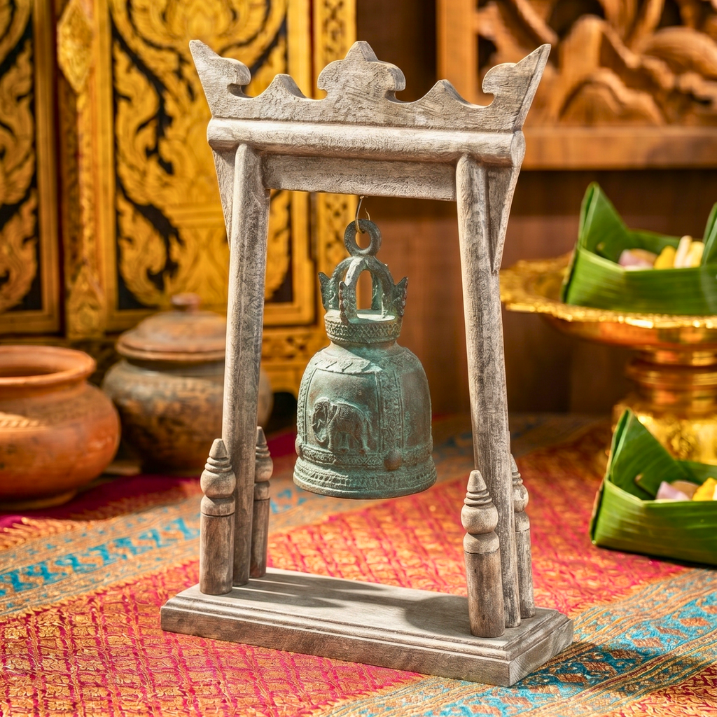 Teak Wood Altar Frame with Brass Bell, 14 Inch Temple Arch, Spiritual Gift for Yoga Lover