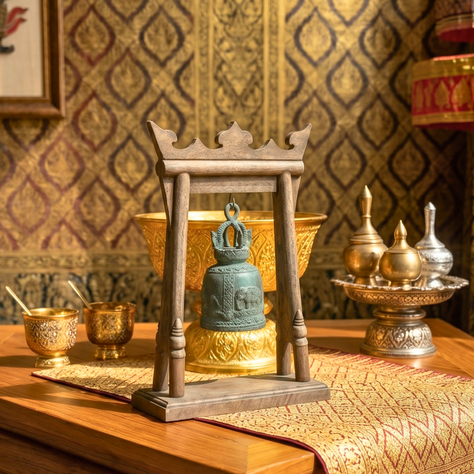 Teak Wood Altar Frame with Brass Bell, 14 Inch Temple Arch, Spiritual Gift for Yoga Lover