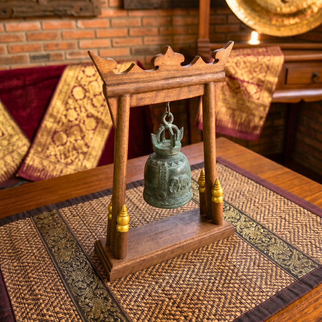 Teak Wood Altar Frame with Brass Bell, 14 Inch Temple Arch, Spiritual Gift for Yoga Lover