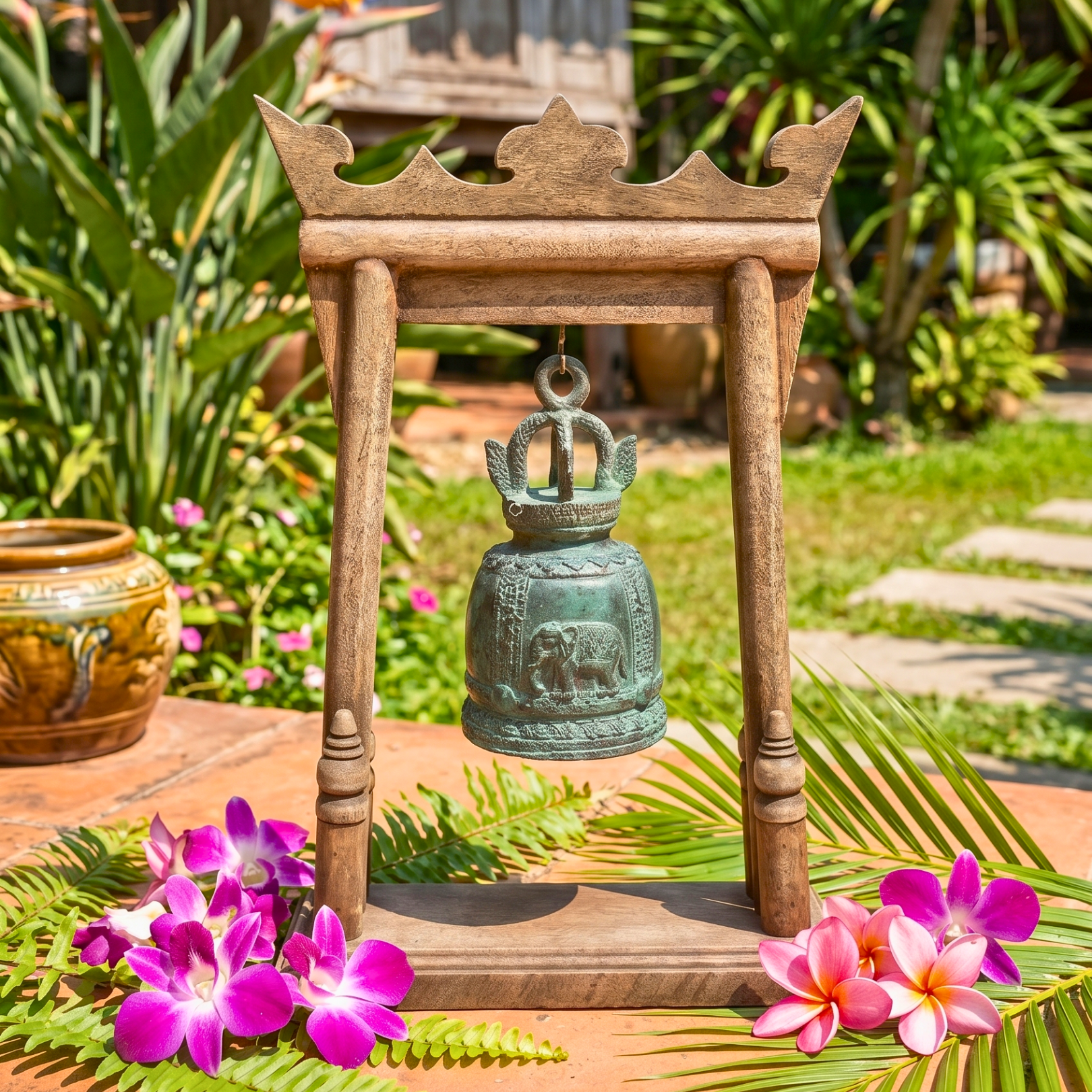 Teak Wood Altar Frame with Brass Bell, 14 Inch Temple Arch, Spiritual Gift for Yoga Lover