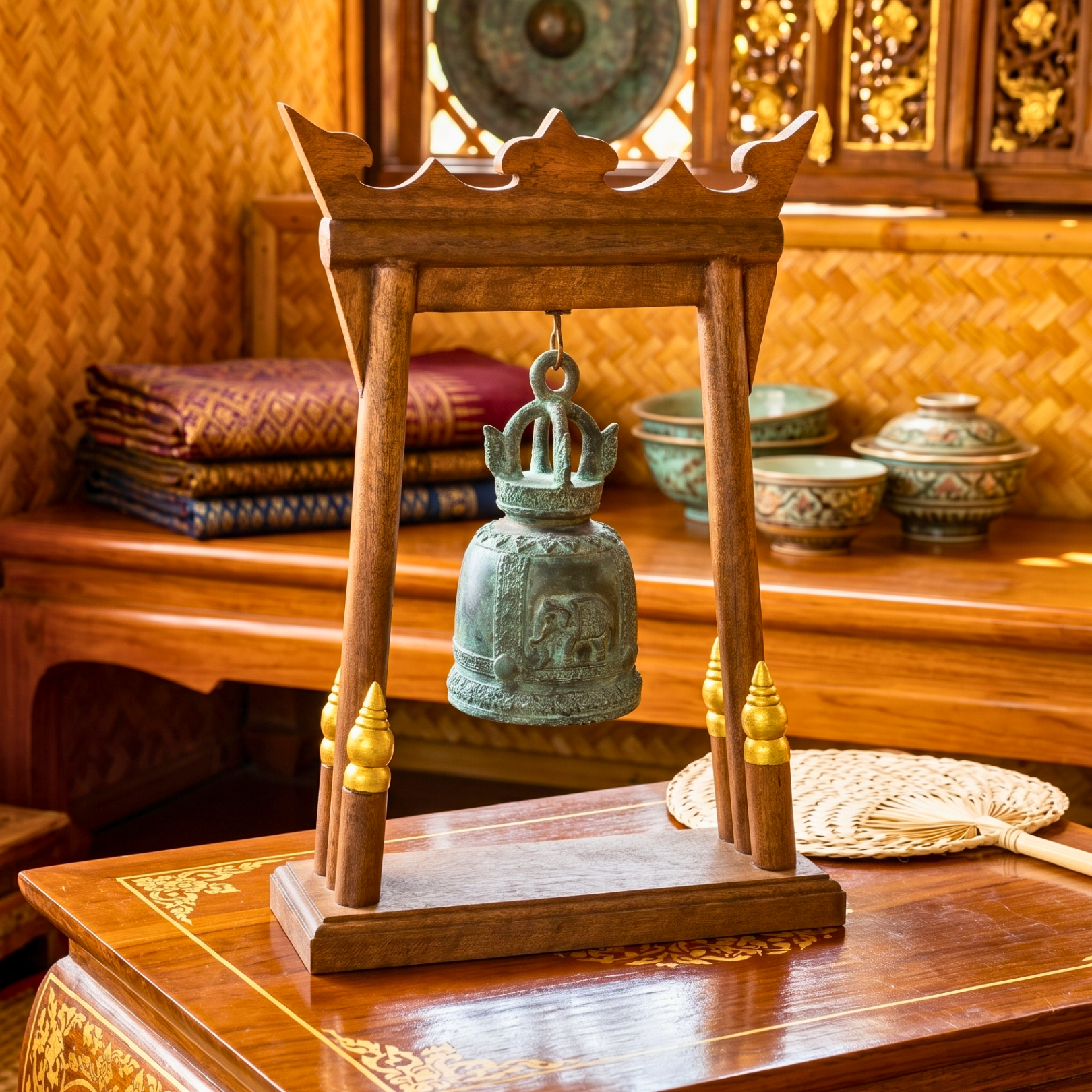 Teak Wood Altar Frame with Brass Bell, 14 Inch Temple Arch, Spiritual Gift for Yoga Lover