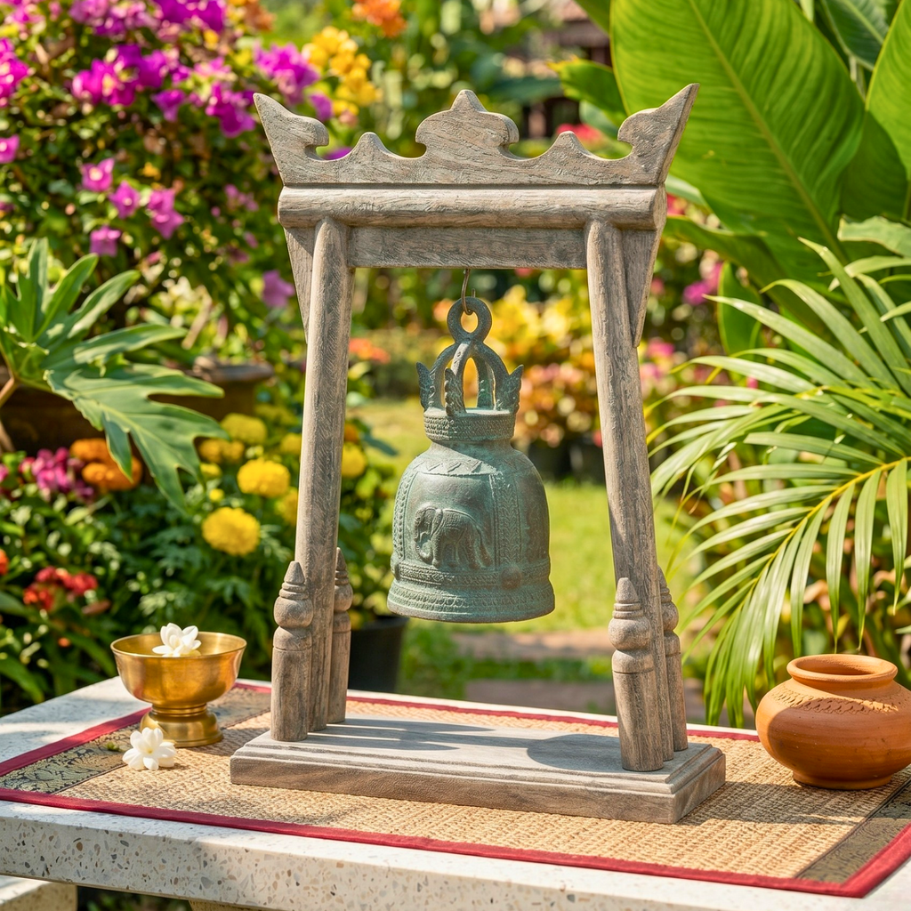 Teak Wood Altar Frame with Brass Bell, 14 Inch Temple Arch, Spiritual Gift for Yoga Lover