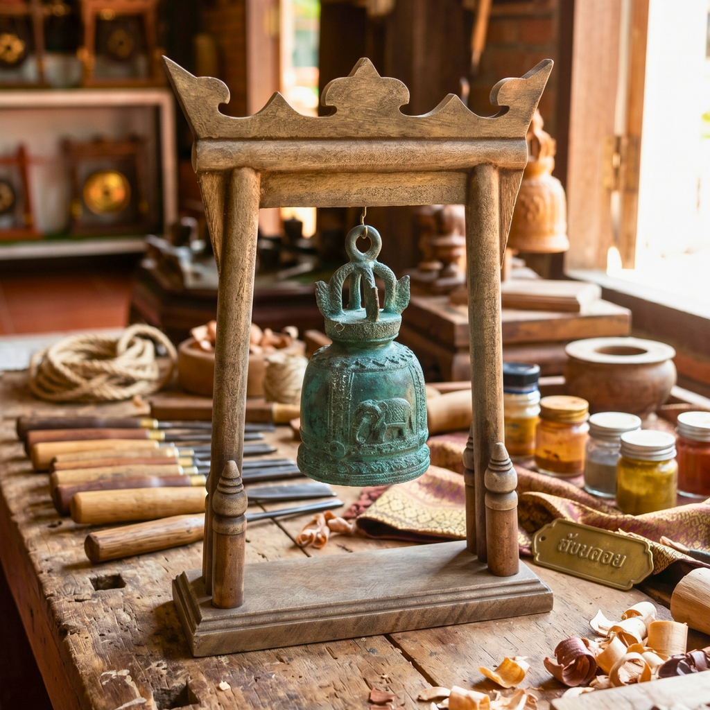 Teak Wood Altar Frame with Brass Bell, 14 Inch Temple Arch, Spiritual Gift for Yoga Lover