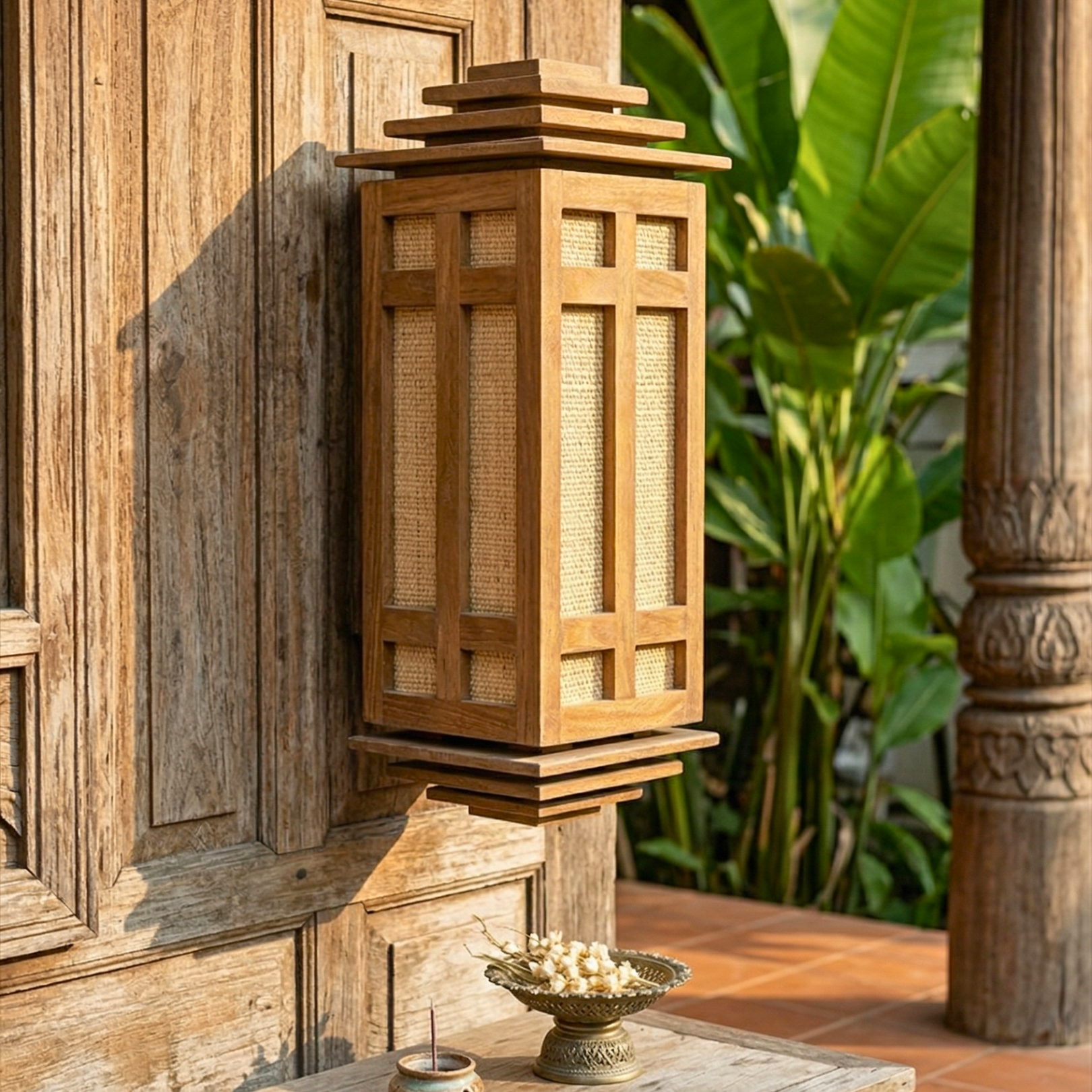 Wall Lantern Teak Wood Natural 15.7 Inch Zen Lighting