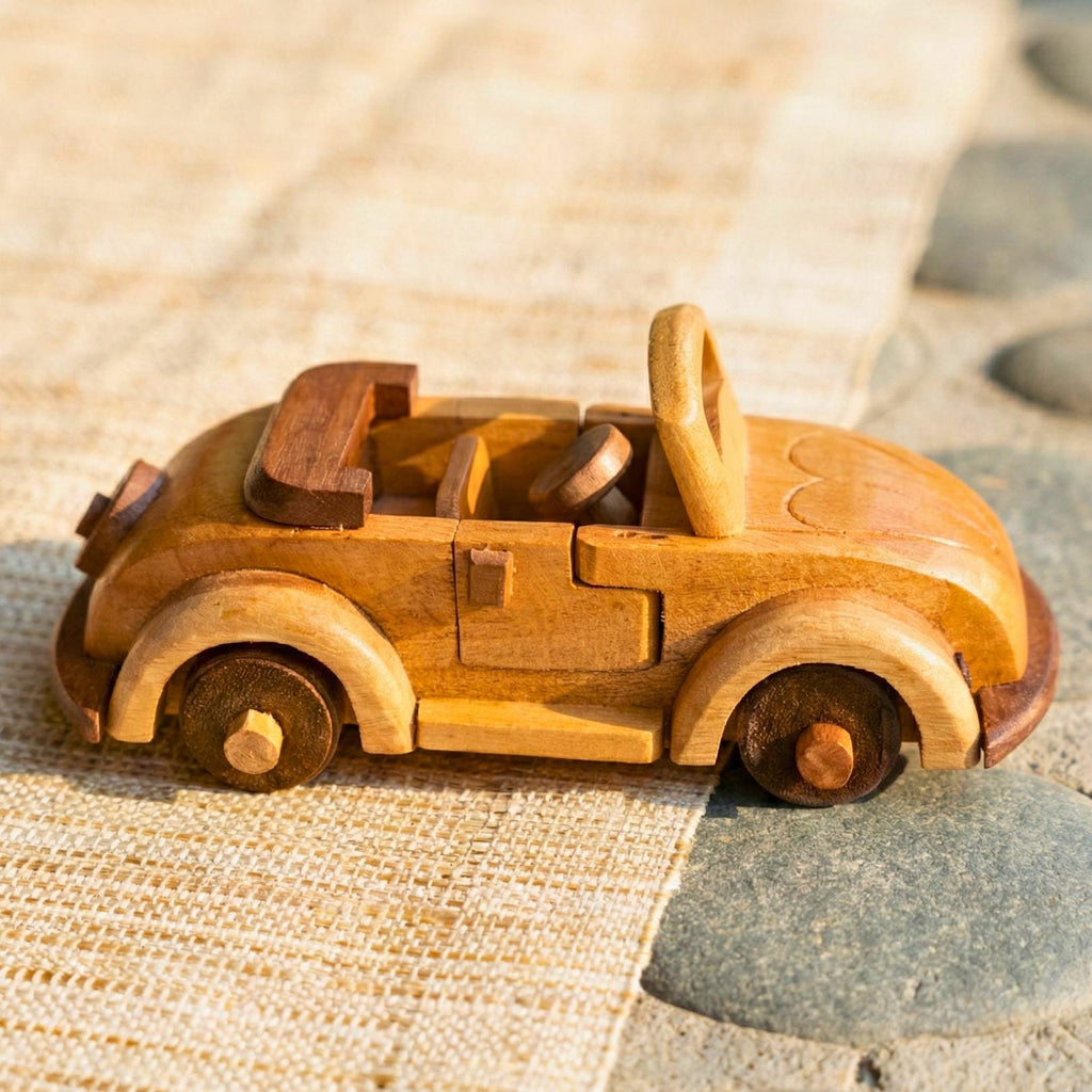Hand Carved Wood Model Beetle Car: Vintage Automobile Desk Decor
