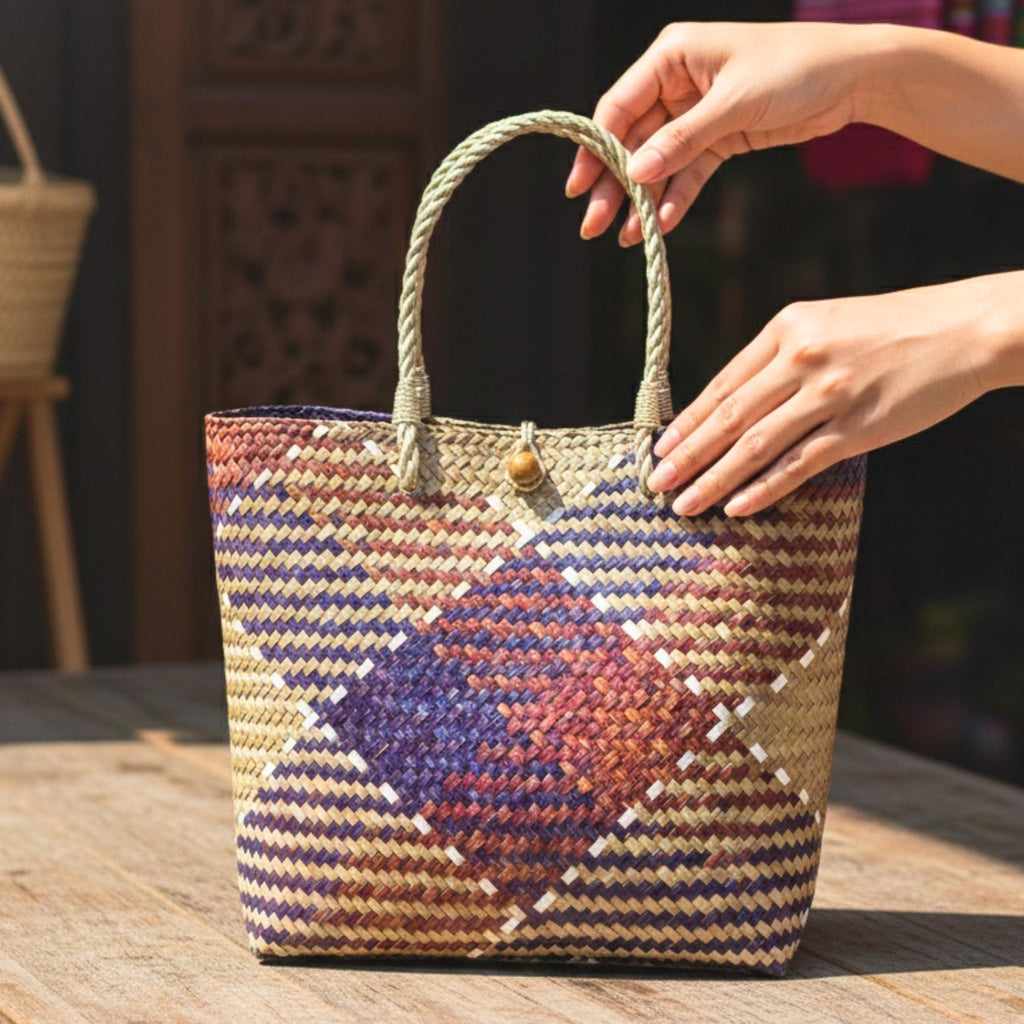 Hand Woven Rattan Market Tote: Earthy Diamond Pattern Boho Handbag