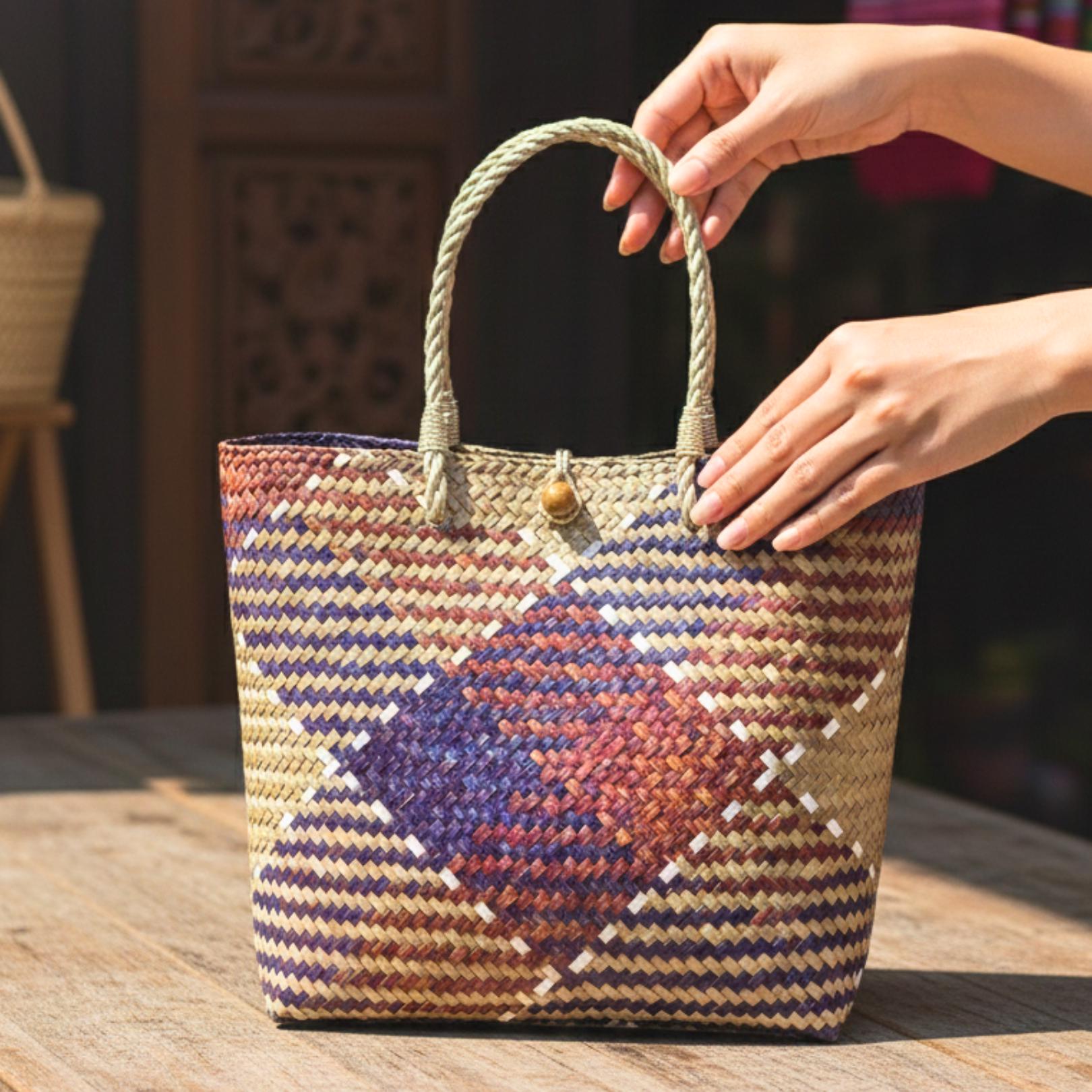 Hand Woven Rattan Market Tote: Earthy Diamond Pattern Boho Handbag