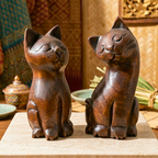 Cat Statue Pair Teak Wood Rustic 5 Inch Stacking Sculpture Set - Siam Wood Artisans