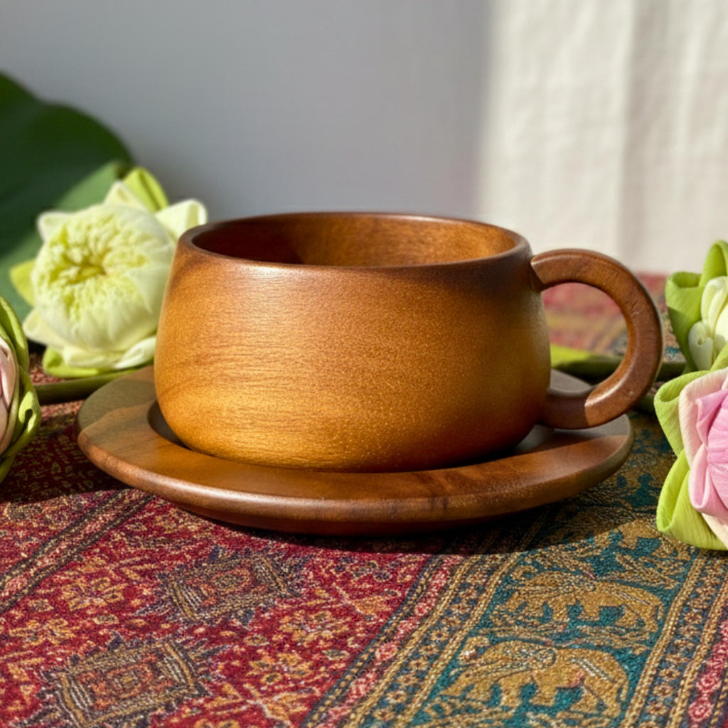 Hand Carved Wood Coffee Cup & Saucer: Rounded Minimalist Teaware Set