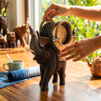 Teak Wood Elephant Coaster Set, 10 Inch Carved Animal Holder, Housewarming Gift for Host - Siam Wood Artisans
