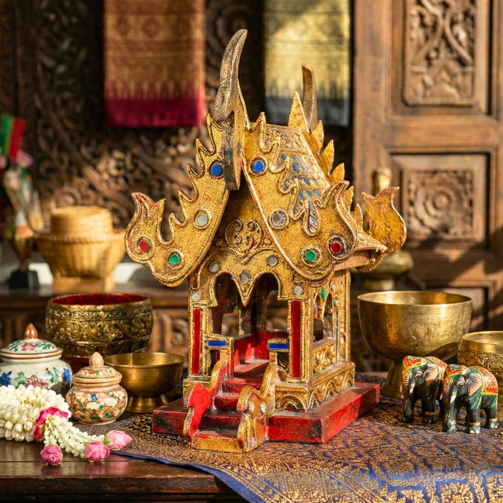 Hand Painted Thai Teak Wood Spirit House: Traditional Temple Shrine, Folk Art