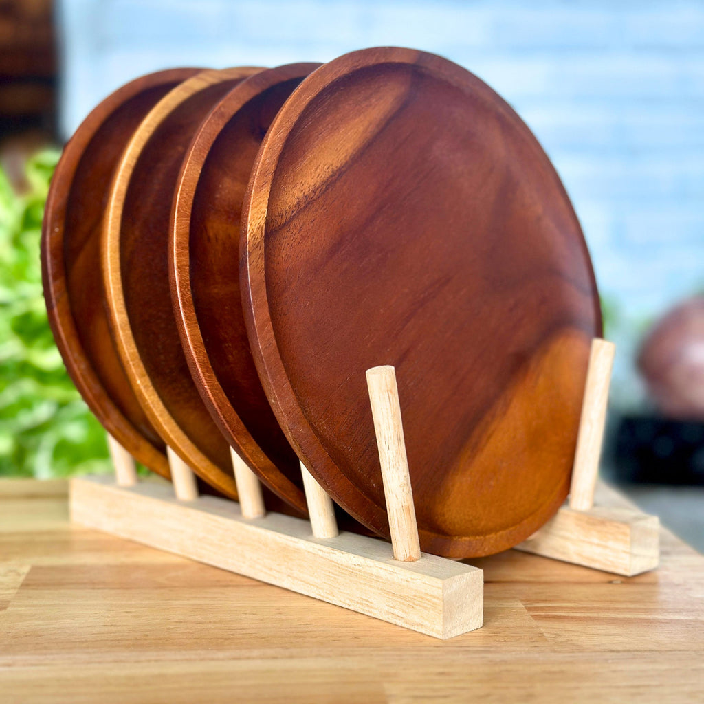 Hand Carved Hardwood Dinner Plates 8”: Deep Tone Rustic Dinnerware