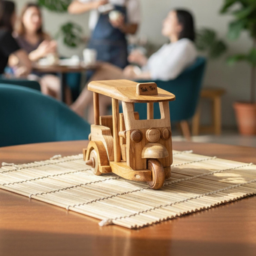 Miniature Wooden Tuk Tuk: Hand-Carved Thai Decor