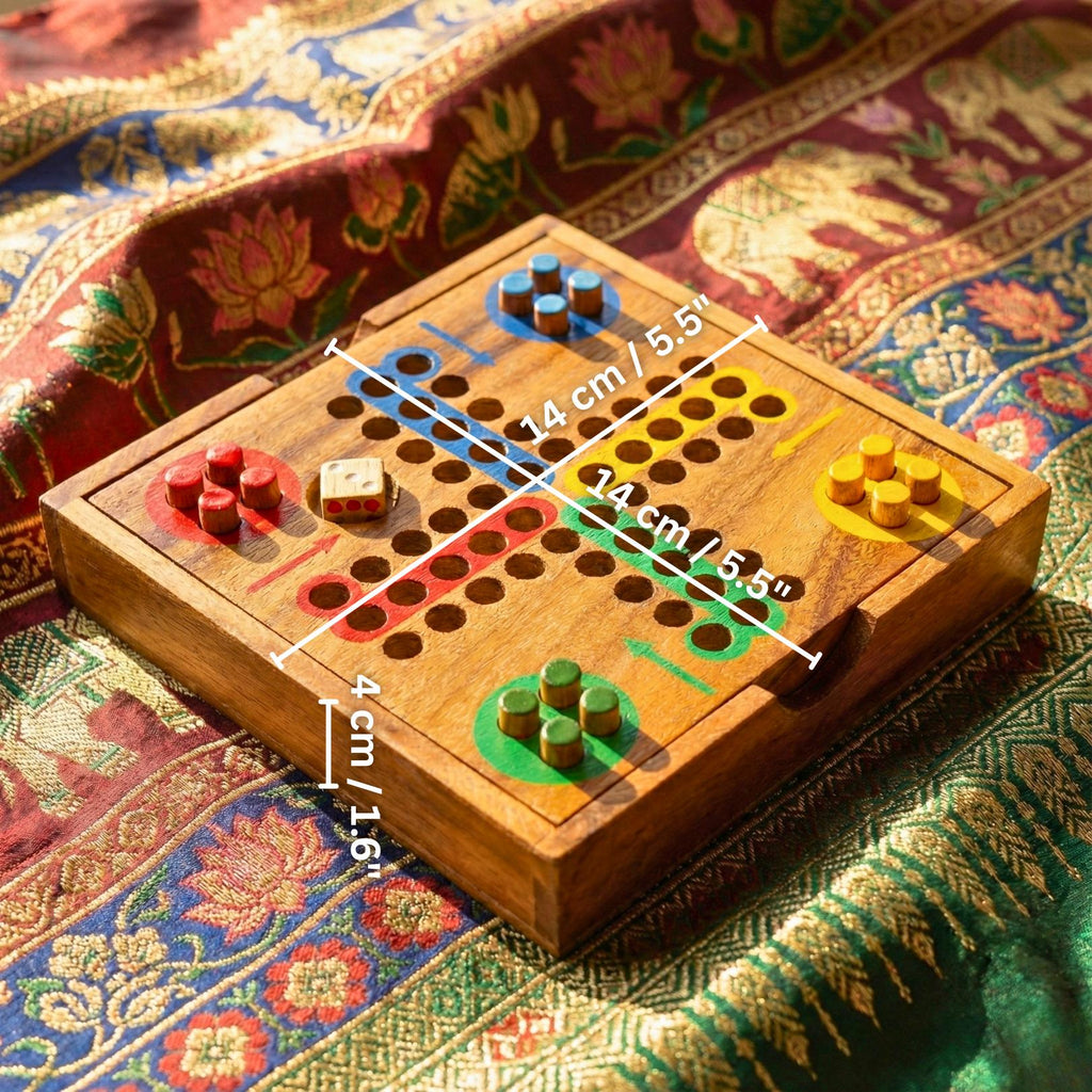 Hand Carved Wood Ludo Game Set: Rustic Portable Board Game Toy
