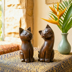Cat Statue Pair Teak Wood Rustic 5 Inch Stacking Sculpture Set - Siam Wood Artisans