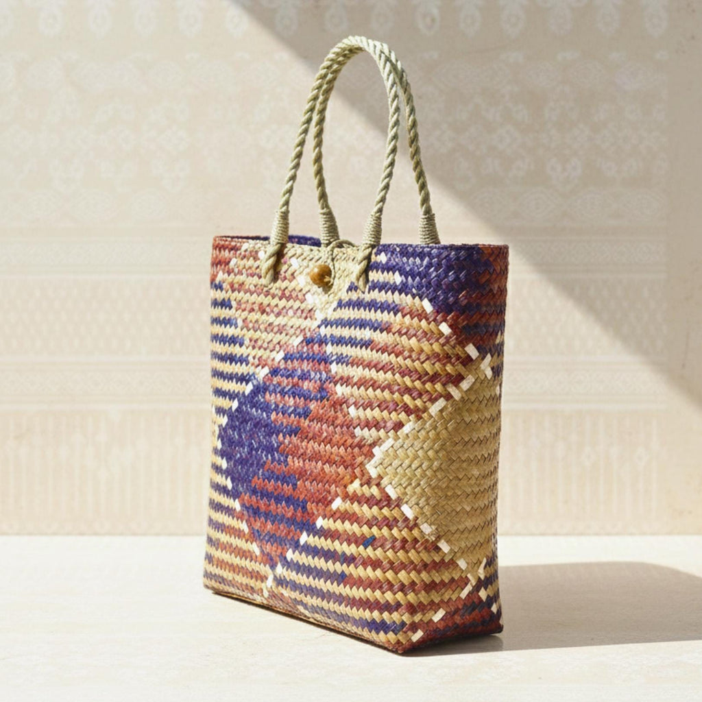 Hand Woven Rattan Market Tote: Earthy Diamond Pattern Boho Handbag