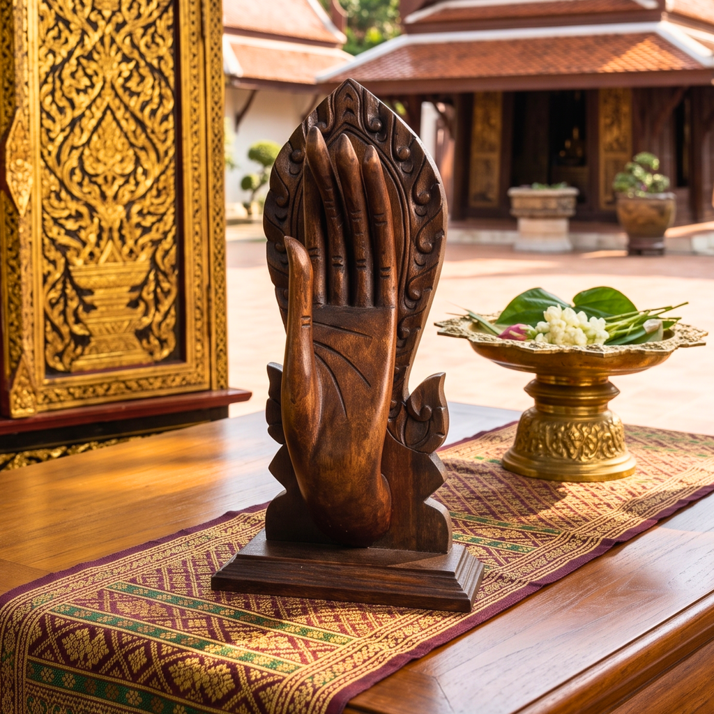 Teak Wood Mudra Hand, 15 Inch Sacred Gesture Sculpture, Housewarming Gift for Yoga Lover